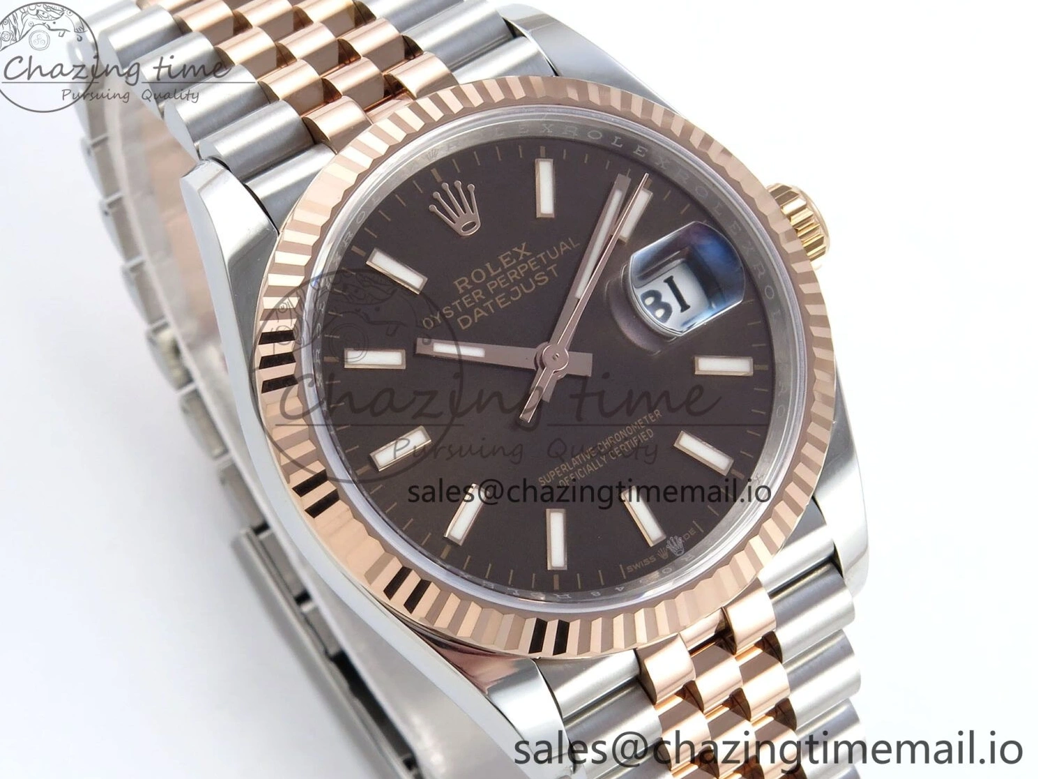 MiroTime 0204 SmoothTexture DateJust 36 126231 EWEF Best Edition Brown Dial Stick Marker on SS RG Jubilee Bracelet A 592